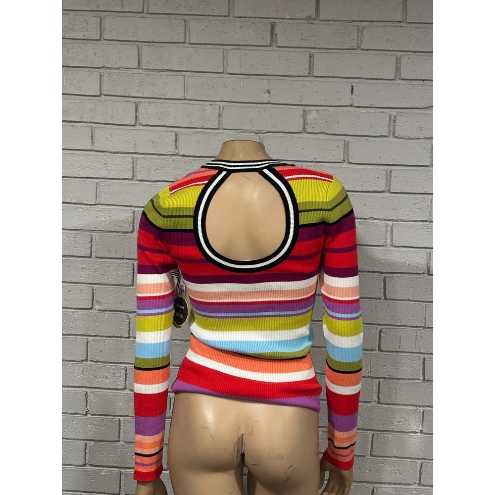 Old Navy x CJR Rainbow Stripe Ribbed Knit Top Open Back Cutout Multi-Color | L - Picture 10 of 14